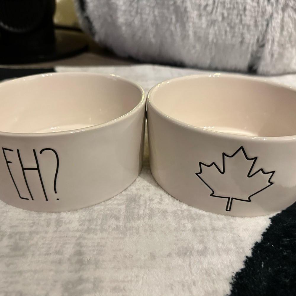Rae Dunn White Dog Bowls with Maple Leaf and EH? Design